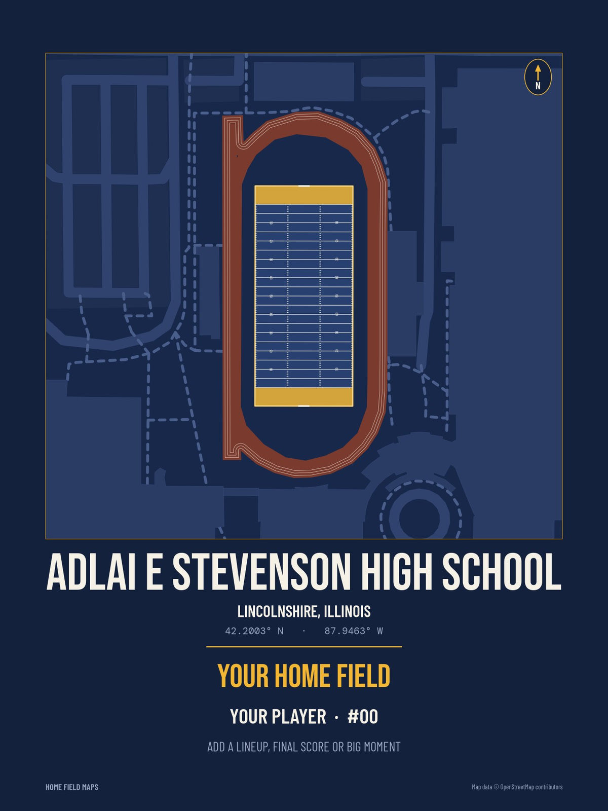 Adlai E Stevenson High School map print, team navy gold style