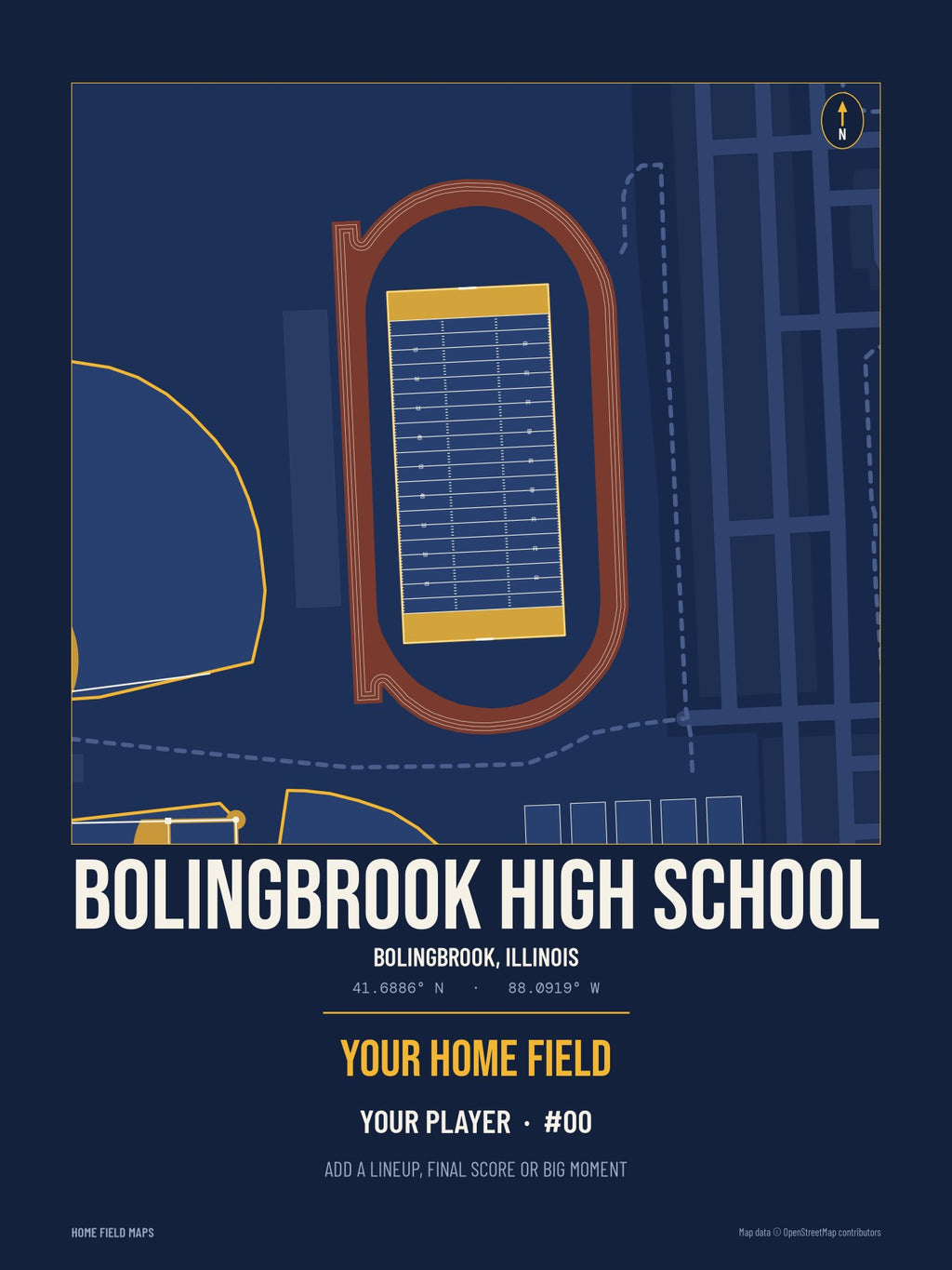 Bolingbrook High School map print, team navy gold style