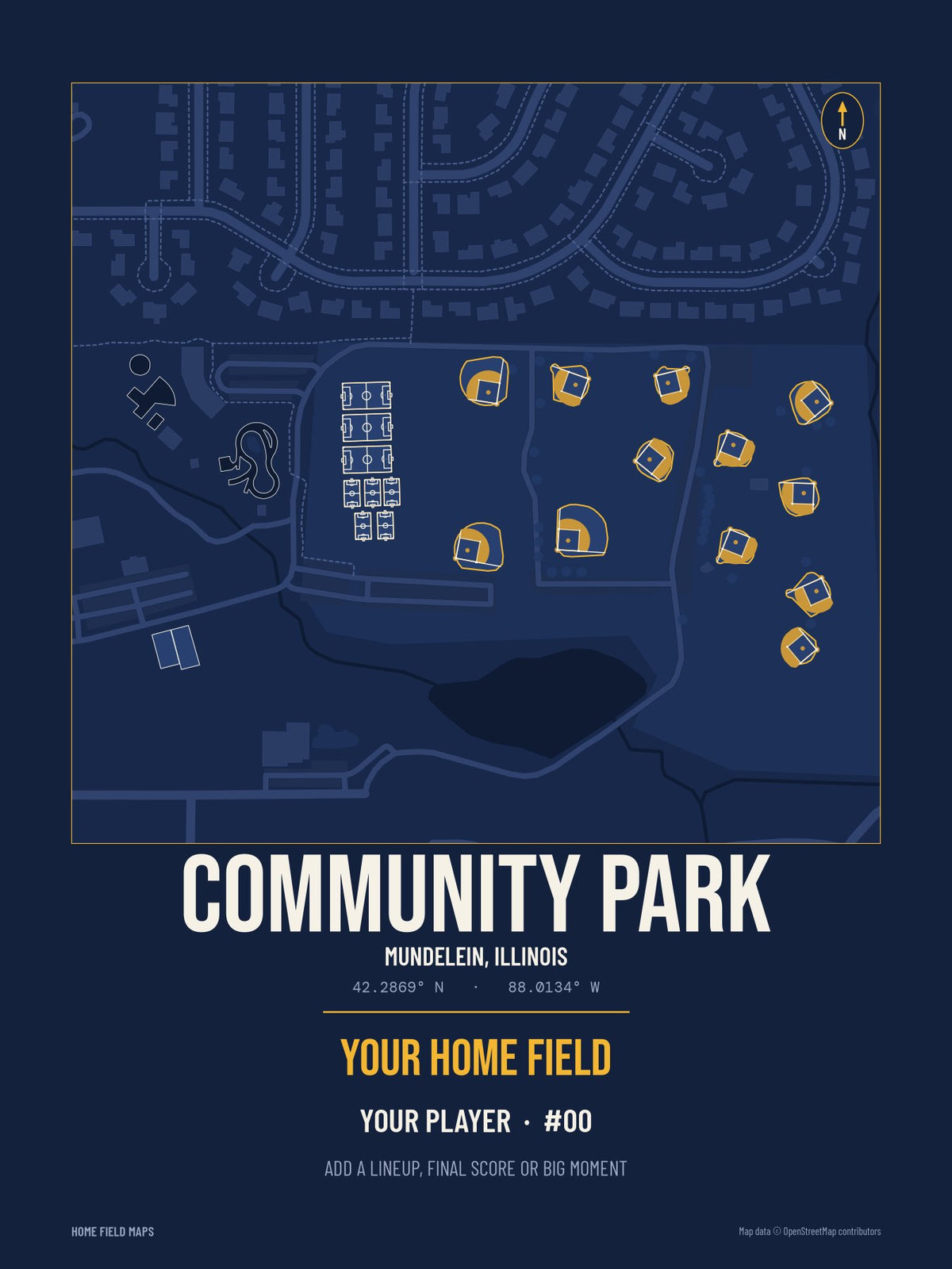 Community Park map print, team navy gold style