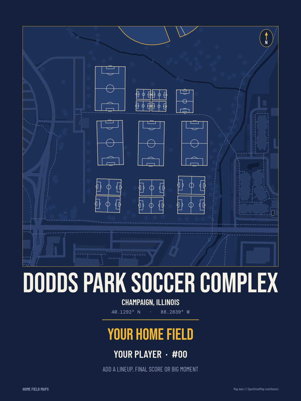 Dodds Park Soccer Complex map print, team navy gold style