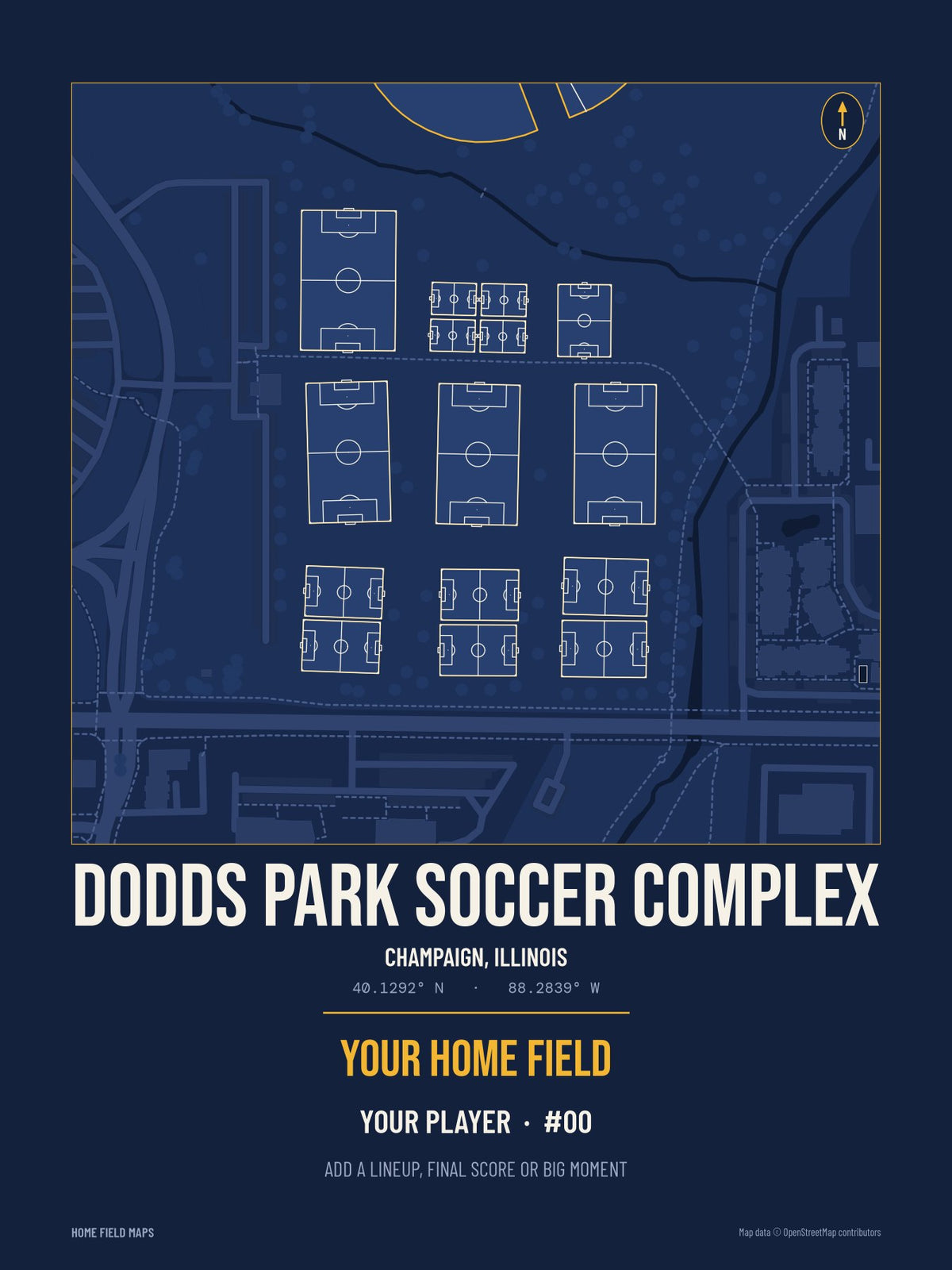 Dodds Park Soccer Complex map print, team navy gold style