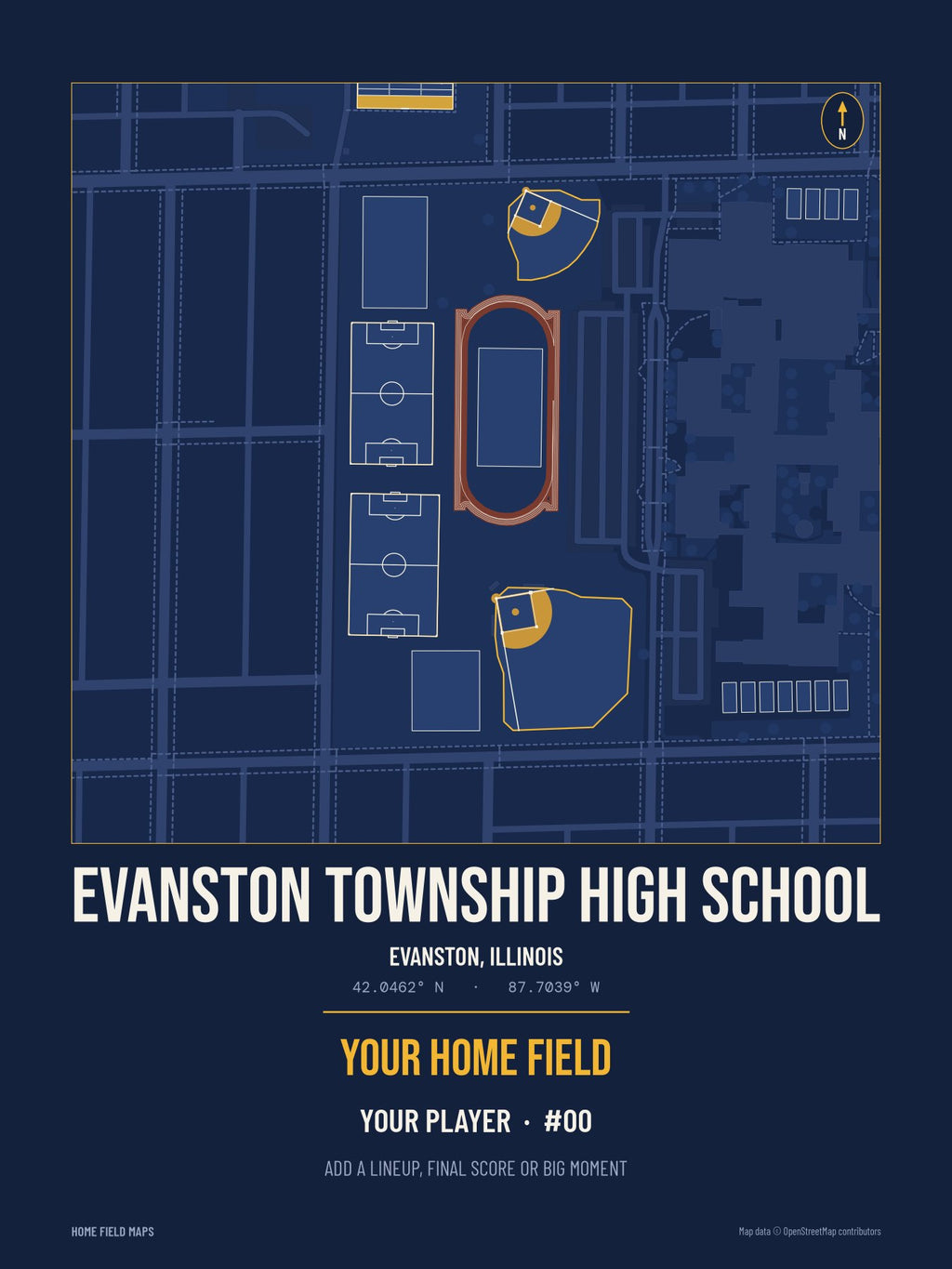Evanston Township High School map print, team navy gold style