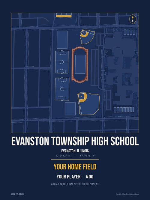 Evanston Township High School map print, team navy gold style