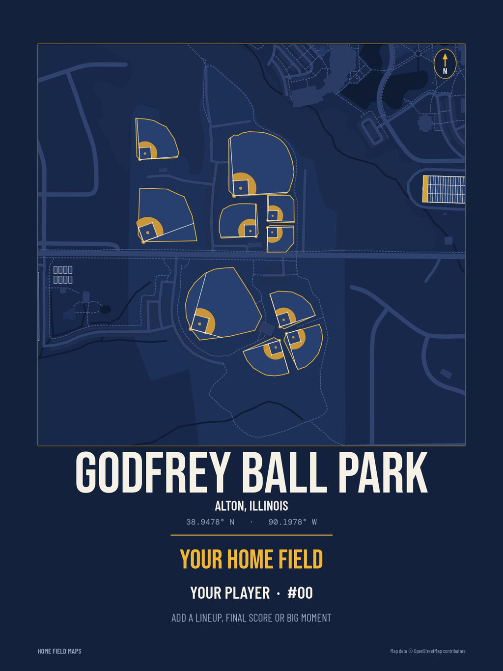 Godfrey Ball Park map print, team navy gold style