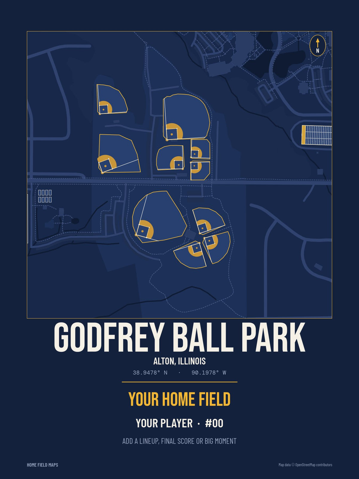Godfrey Ball Park map print, team navy gold style
