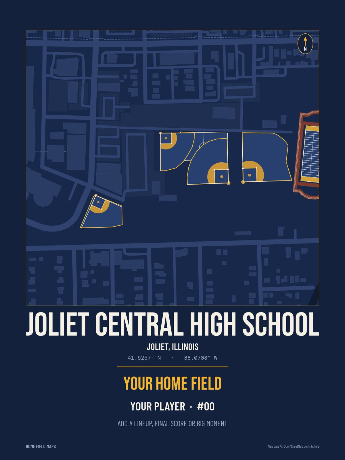 Joliet Central High School map print, team navy gold style
