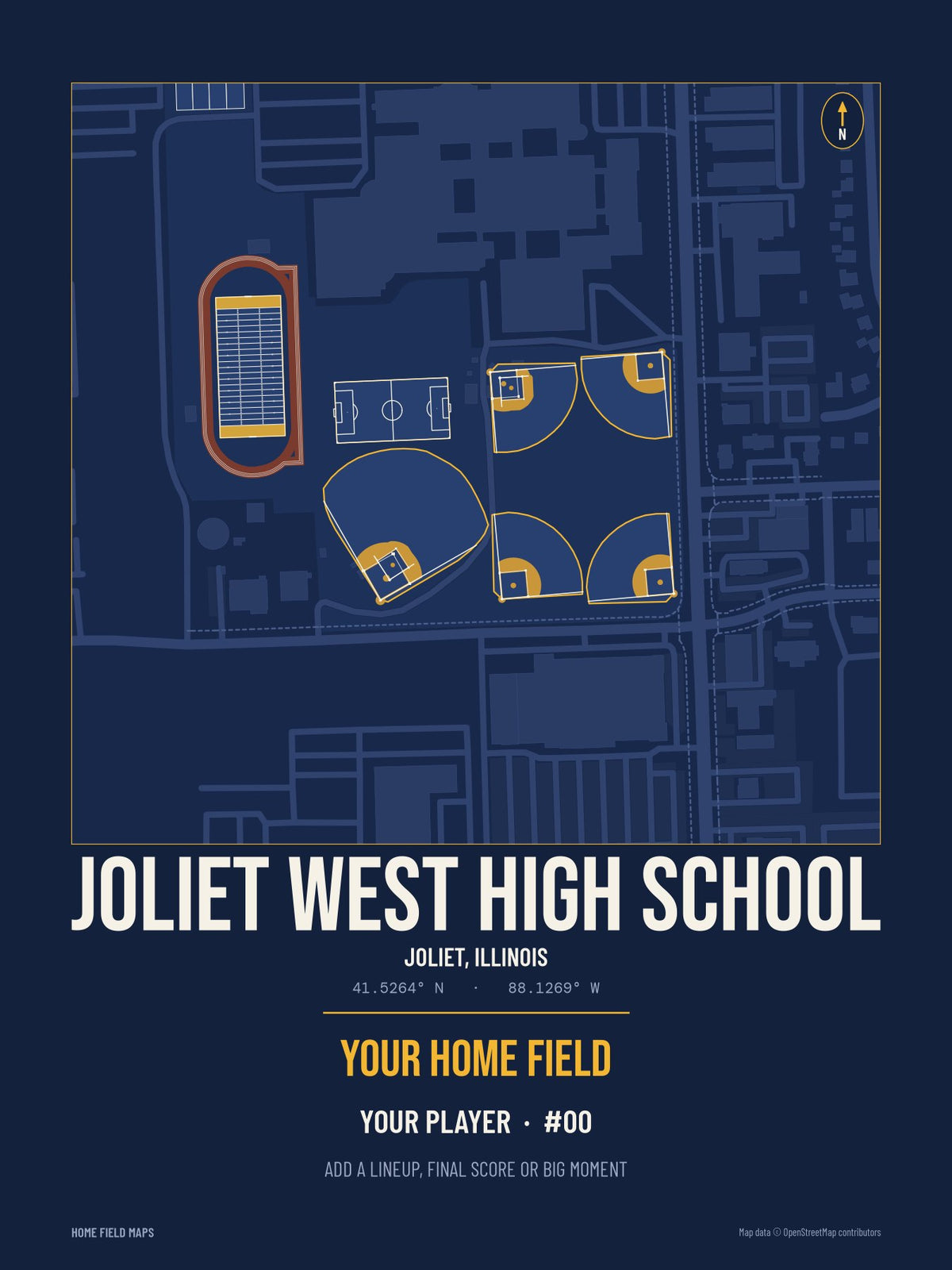 Joliet West High School map print, team navy gold style