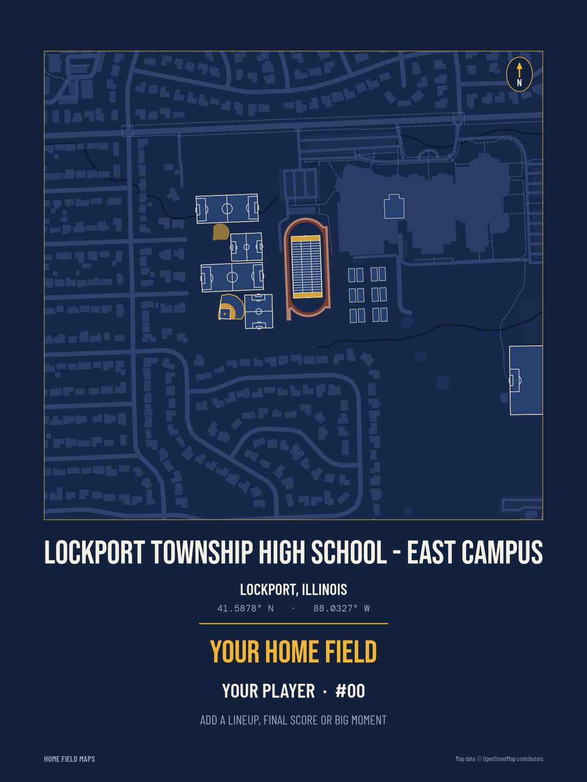 Lockport Township High School - East Campus map print, team navy gold style