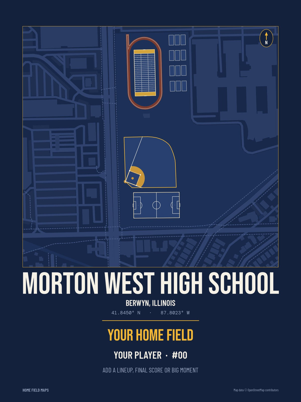 Morton West High School map print, team navy gold style