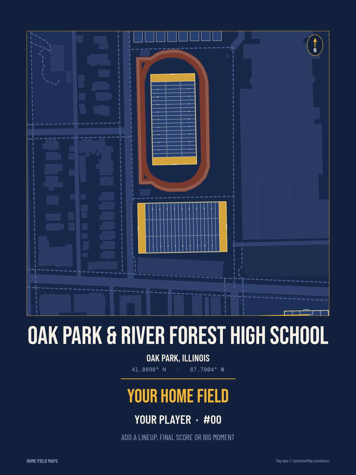 Oak Park & River Forest High School map print, team navy gold style