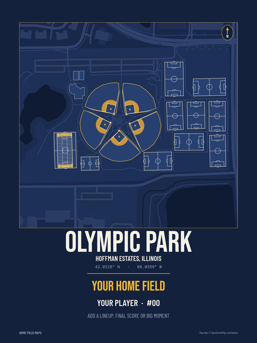 Olympic Park map print, team navy gold style