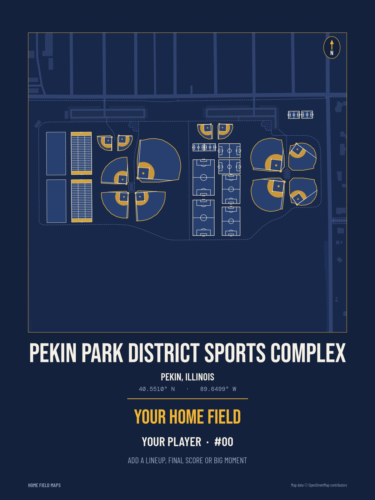 Pekin Park District Sports Complex map print, team navy gold style