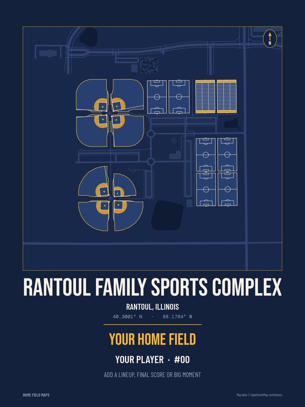 Rantoul Family Sports Complex map print, team navy gold style