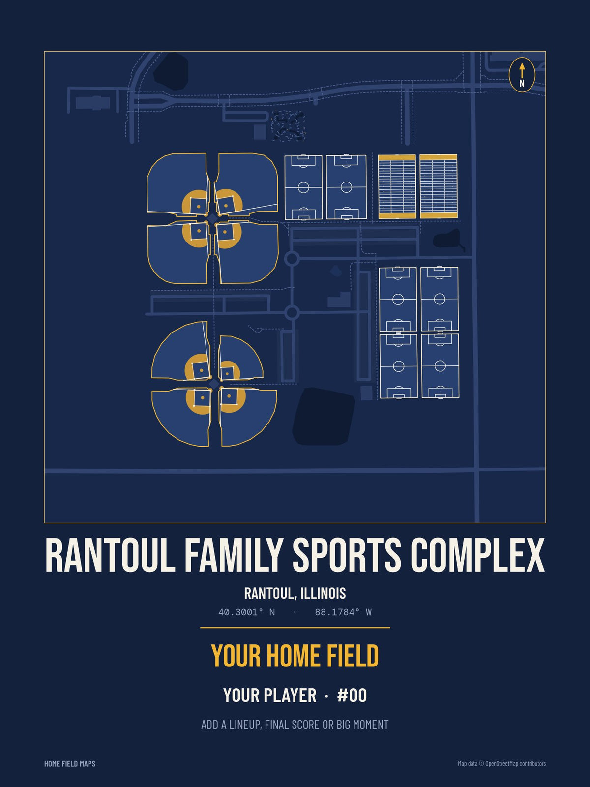 Rantoul Family Sports Complex map print, team navy gold style