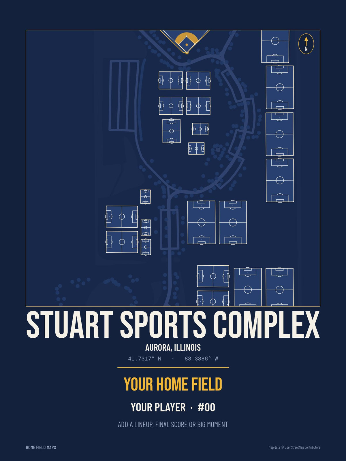Stuart Sports Complex map print, team navy gold style