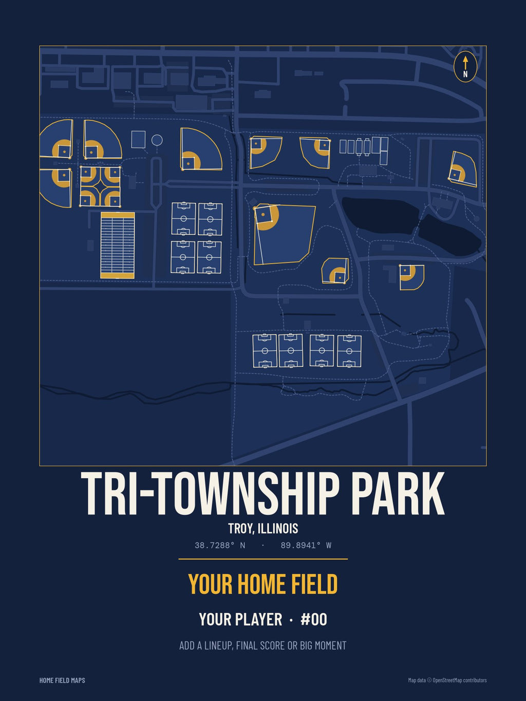Tri-Township Park map print, team navy gold style