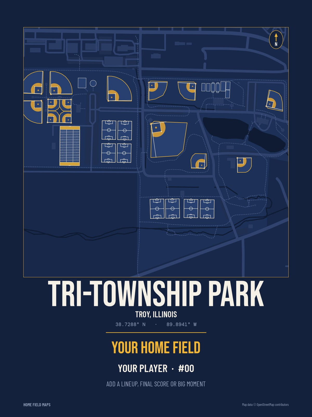 Tri-Township Park map print, team navy gold style