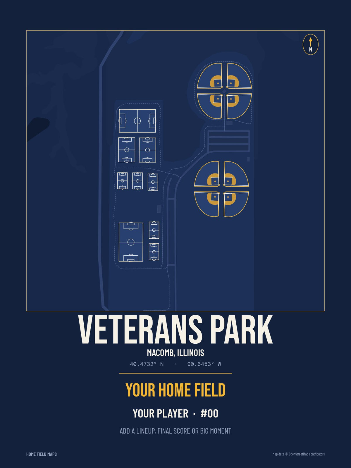 Veterans Park map print, team navy gold style