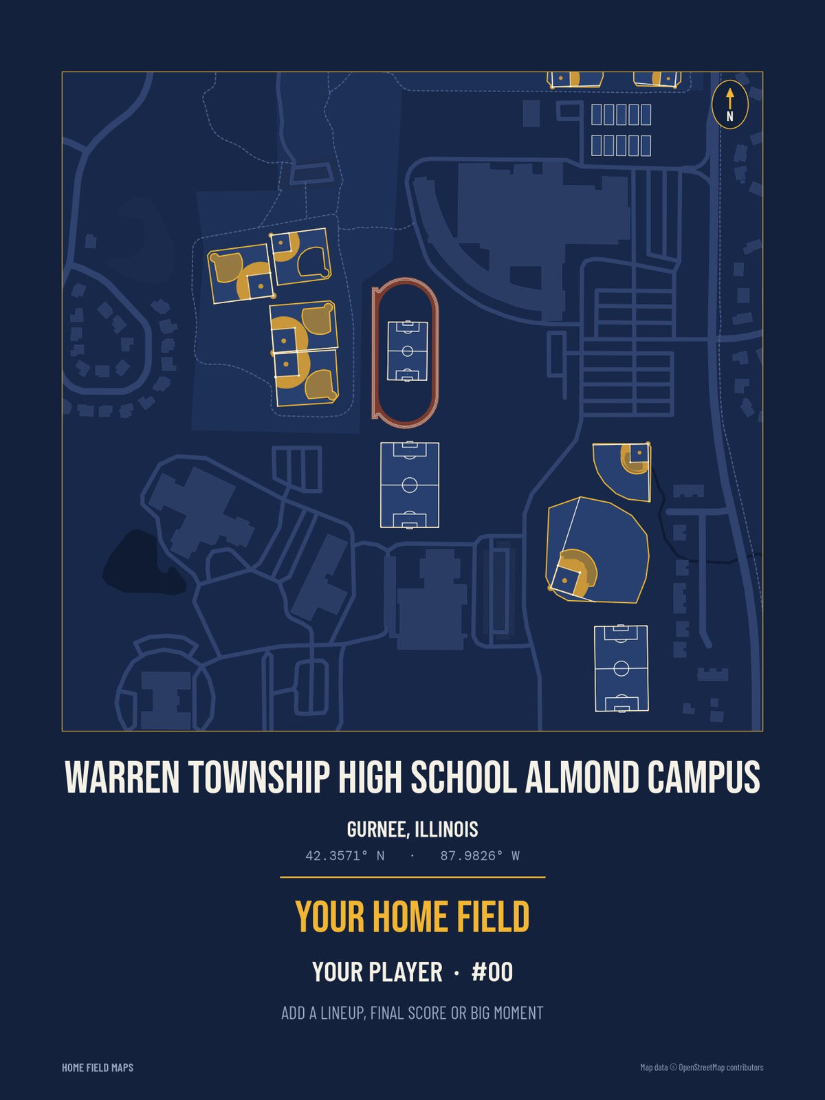 Warren Township High School Almond Campus map print, team navy gold style
