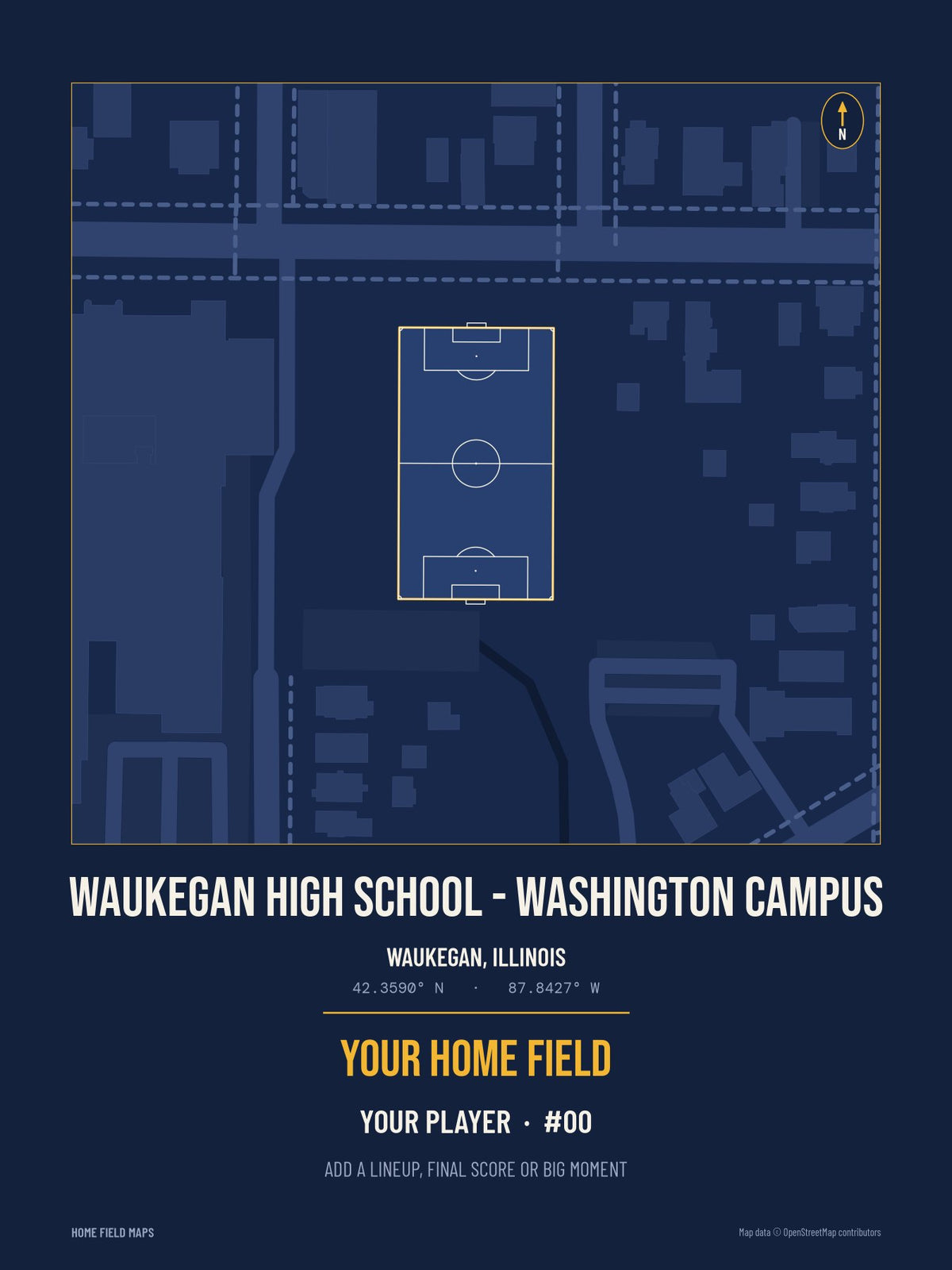 Waukegan High School - Washington Campus map print, team navy gold style