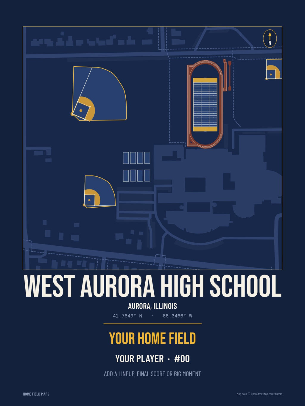 West Aurora High School map print, team navy gold style