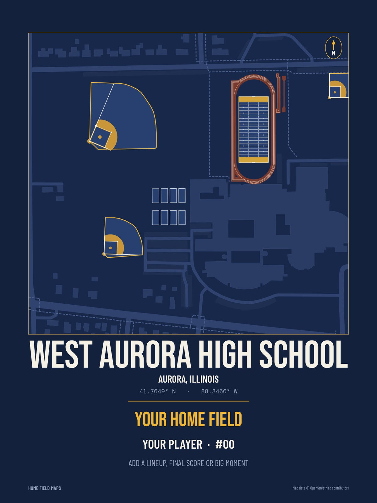West Aurora High School map print, team navy gold style